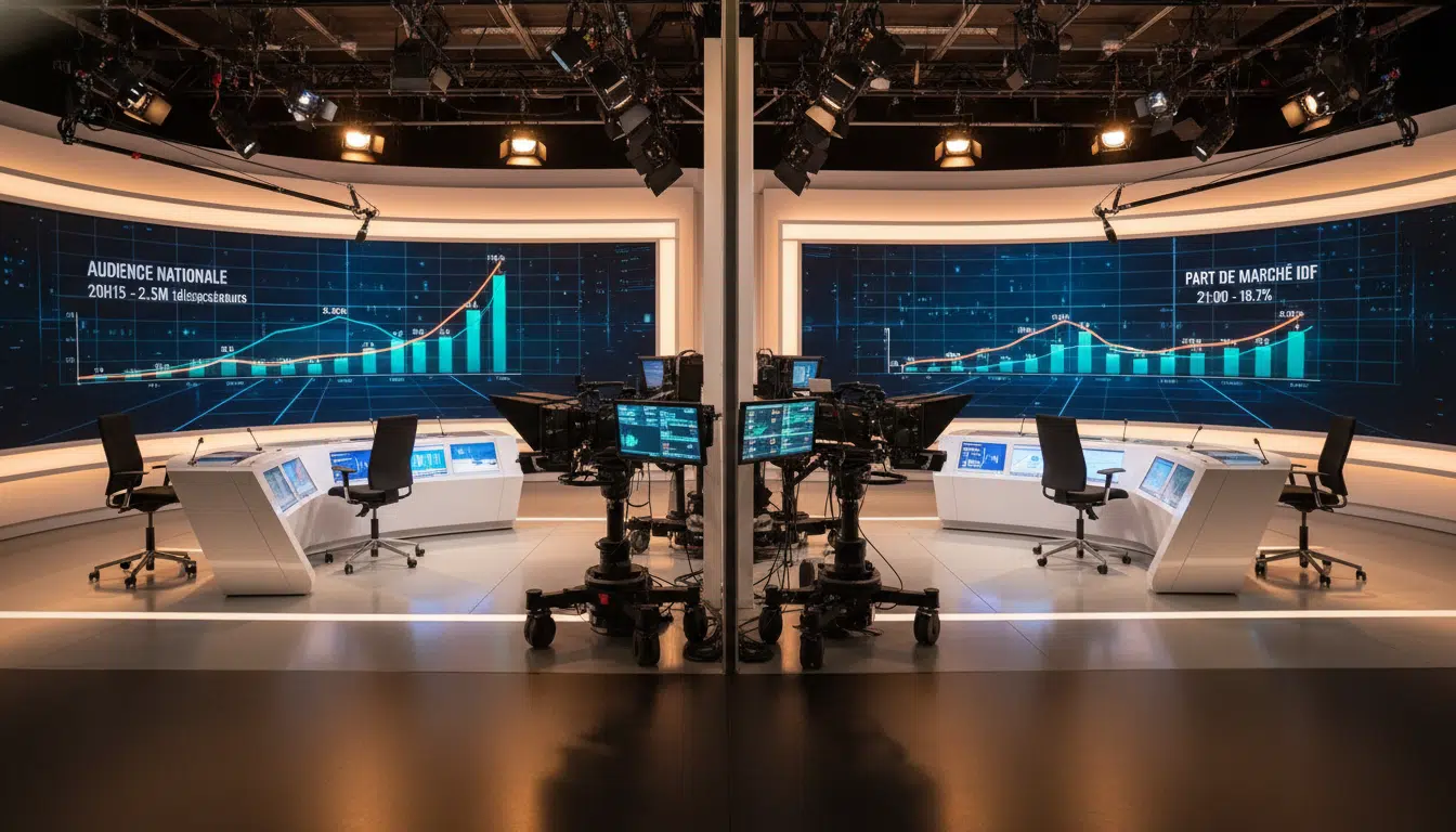 Deux plateaux de journaux télévisés avec les chiffres d'audience comparés