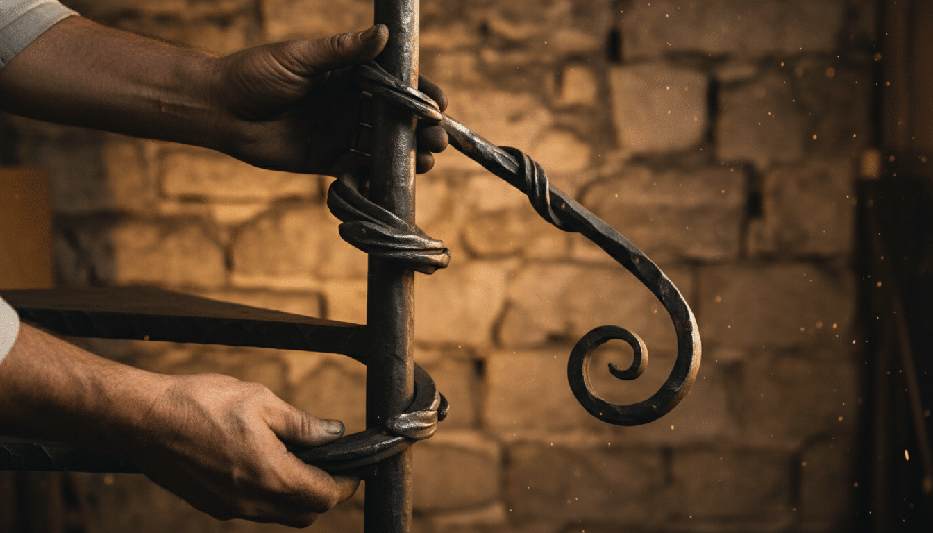 Mains tenant un tronçon d'escalier en fer forgé de la Tour Eiffel