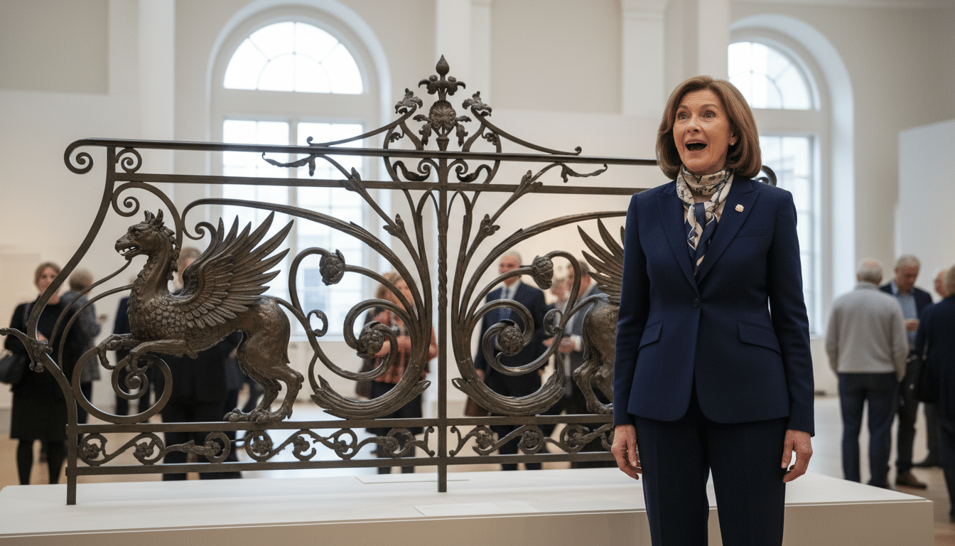 Femme admirant une pièce d'escalier de la Tour Eiffel en salle de ventes