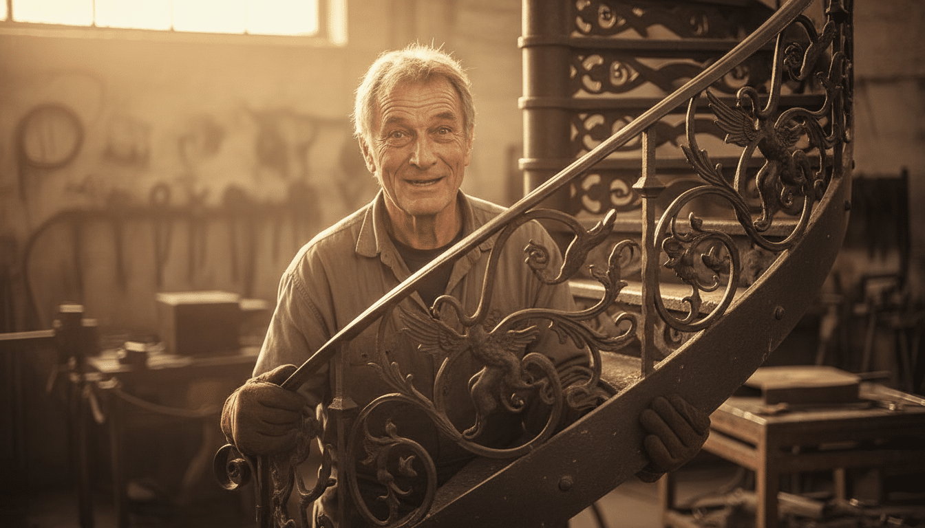 Homme tenant fièrement un fragment d'escalier historique