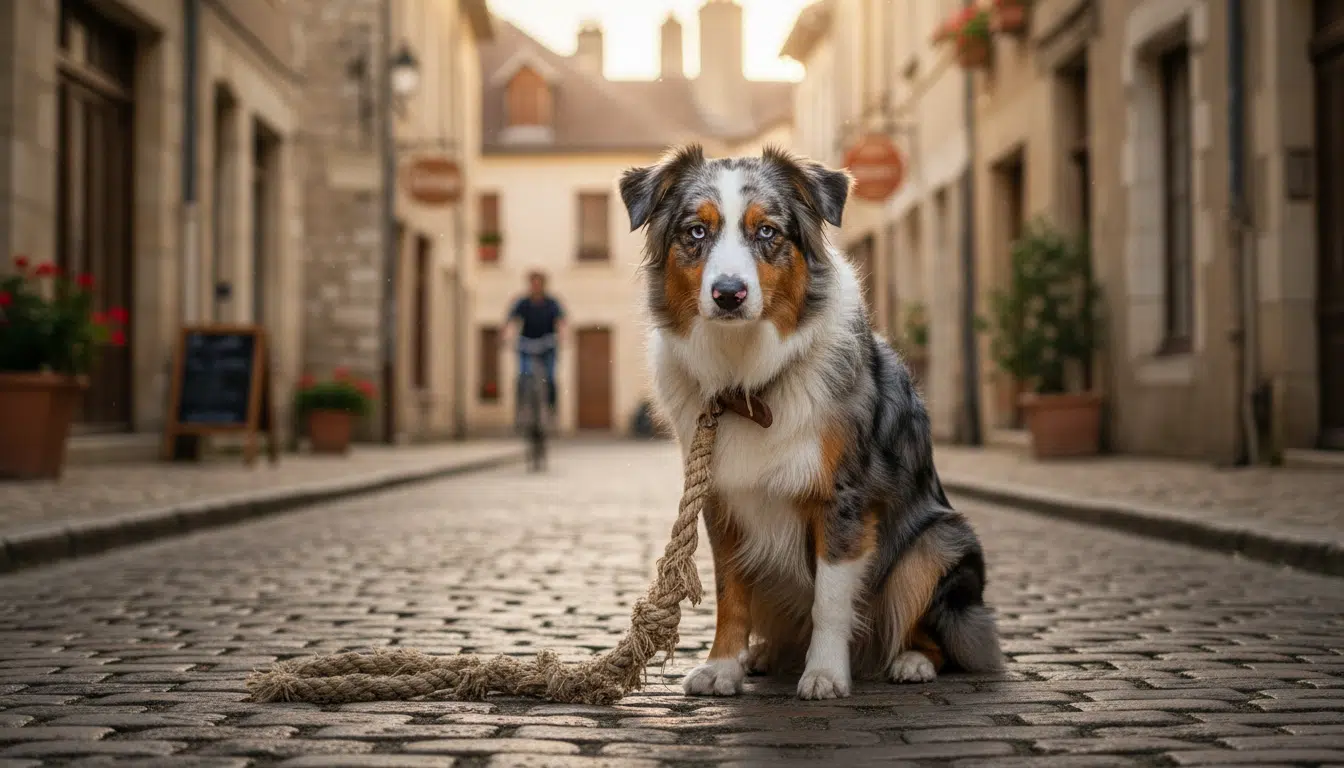 Berger australien en détresse attaché par une corde dans une rue