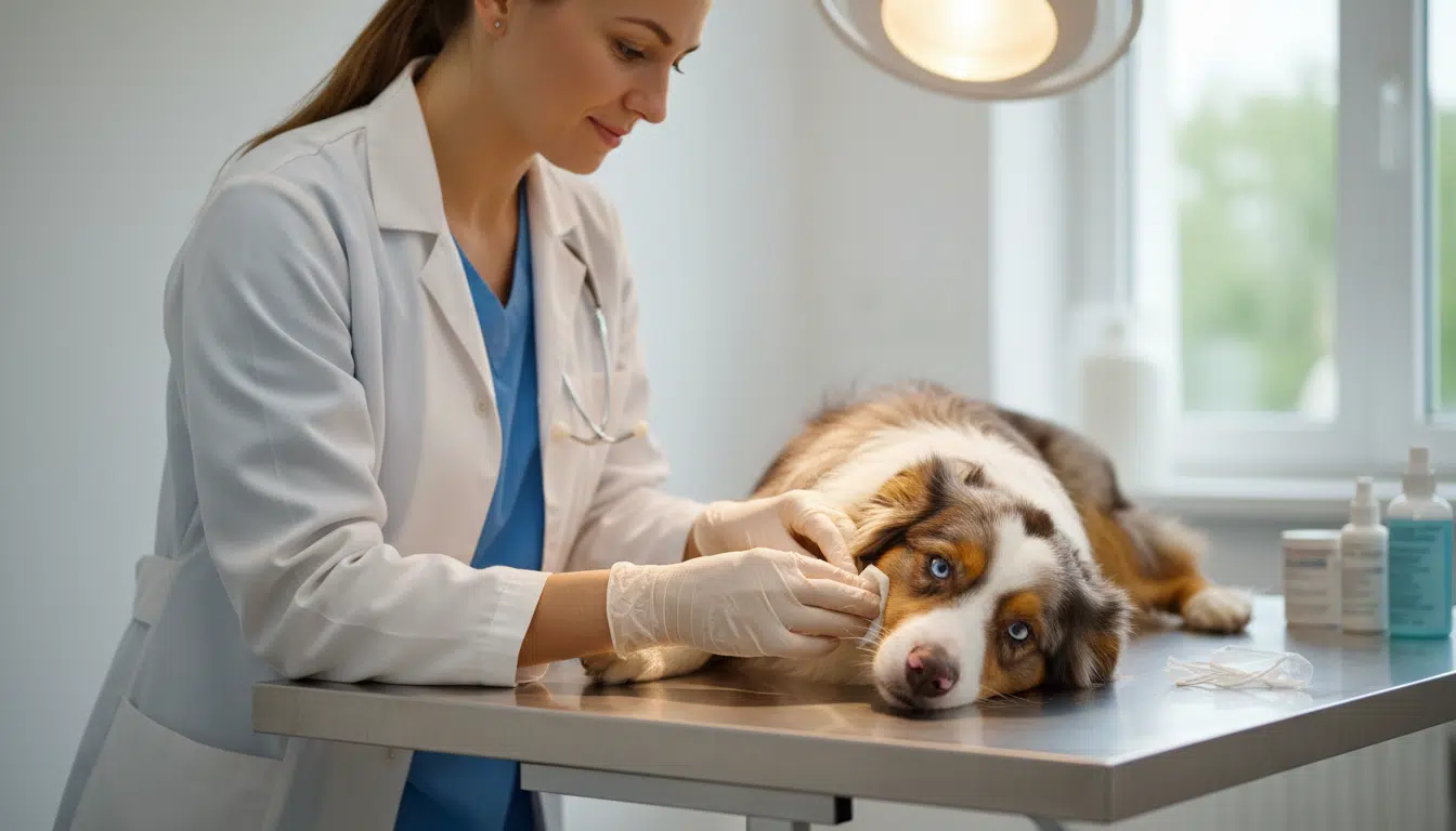 Vétérinaire soignant les blessures d'un berger australien