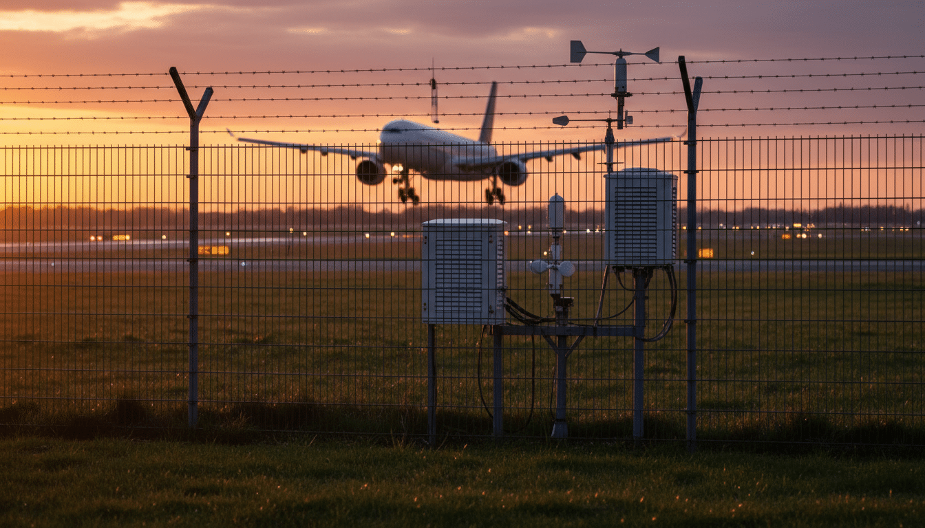 Station météo près des pistes de Roissy au crépuscule