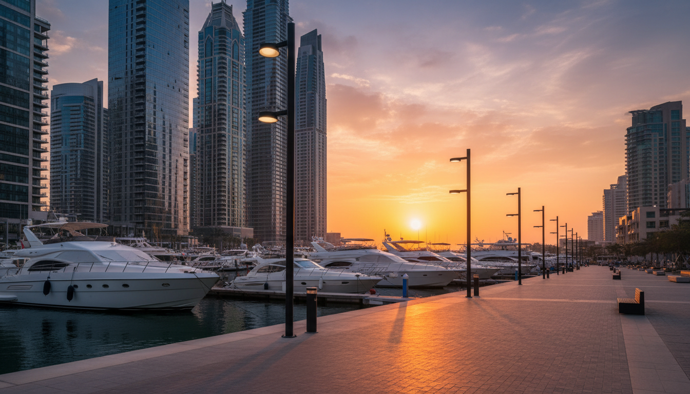 Promenade au coucher du soleil le long de la marina de Dubaï