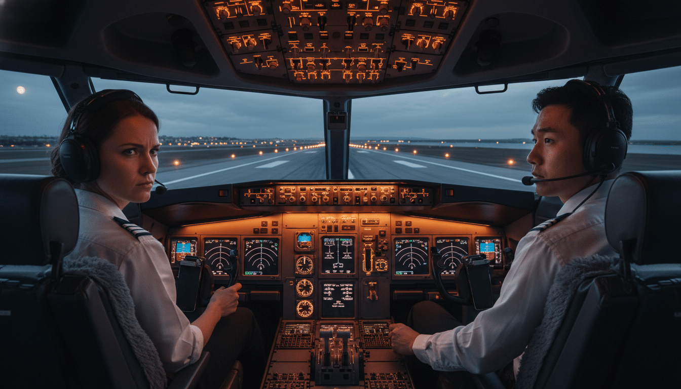 Cockpit d'avion de ligne avec pilotes concentrés à l'atterrissage