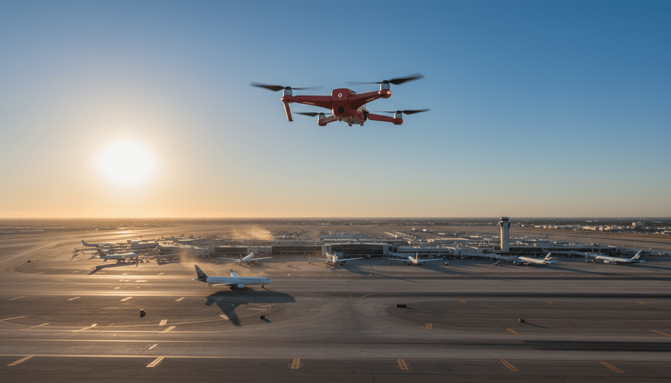 Drone rouge volant à haute altitude au-dessus d'un aéroport