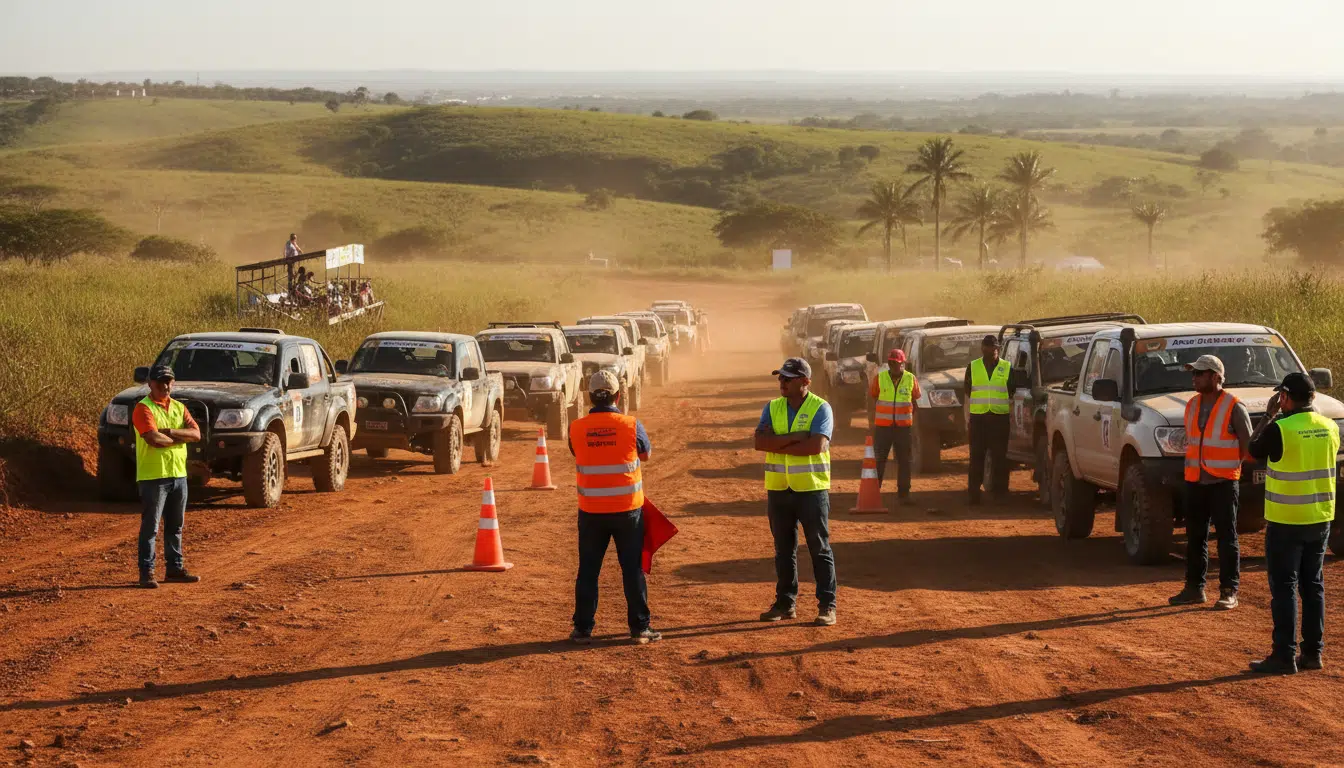Véhicules de rally immobilisés après la suspension de la compétition