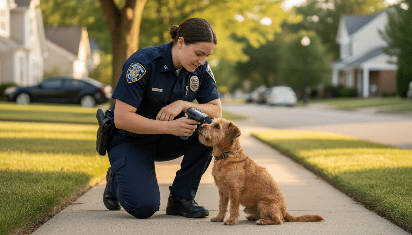 Policier scannant la puce d'un chien errant