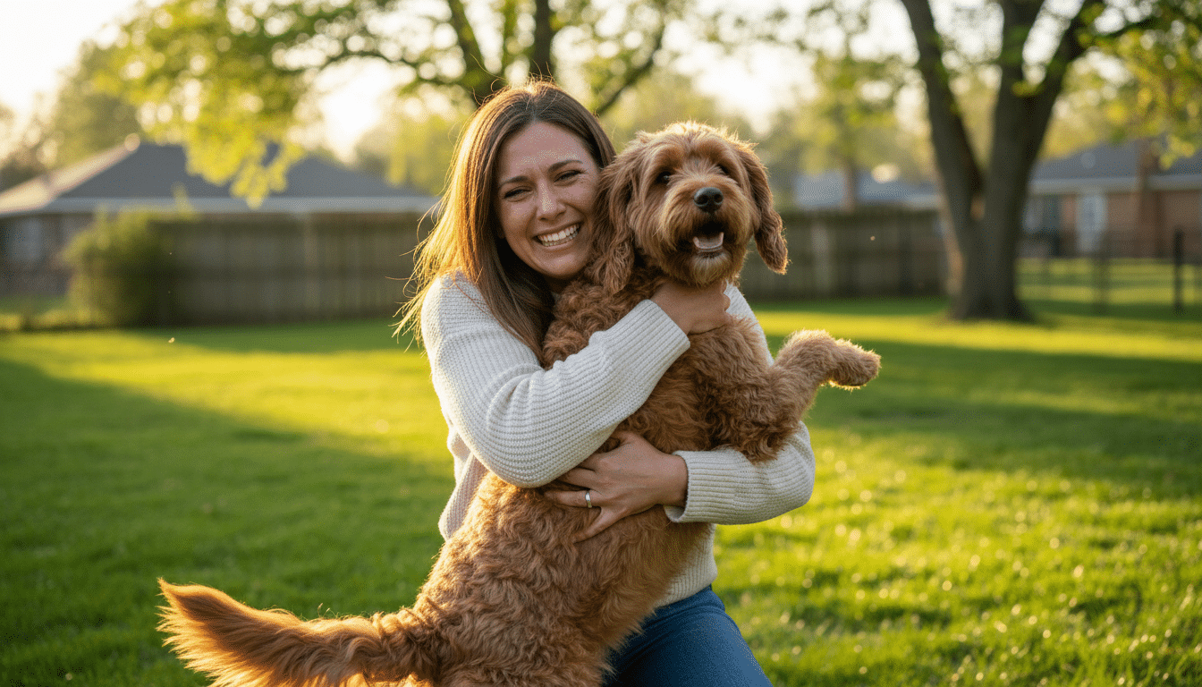 Femme retrouvant son chien après deux ans