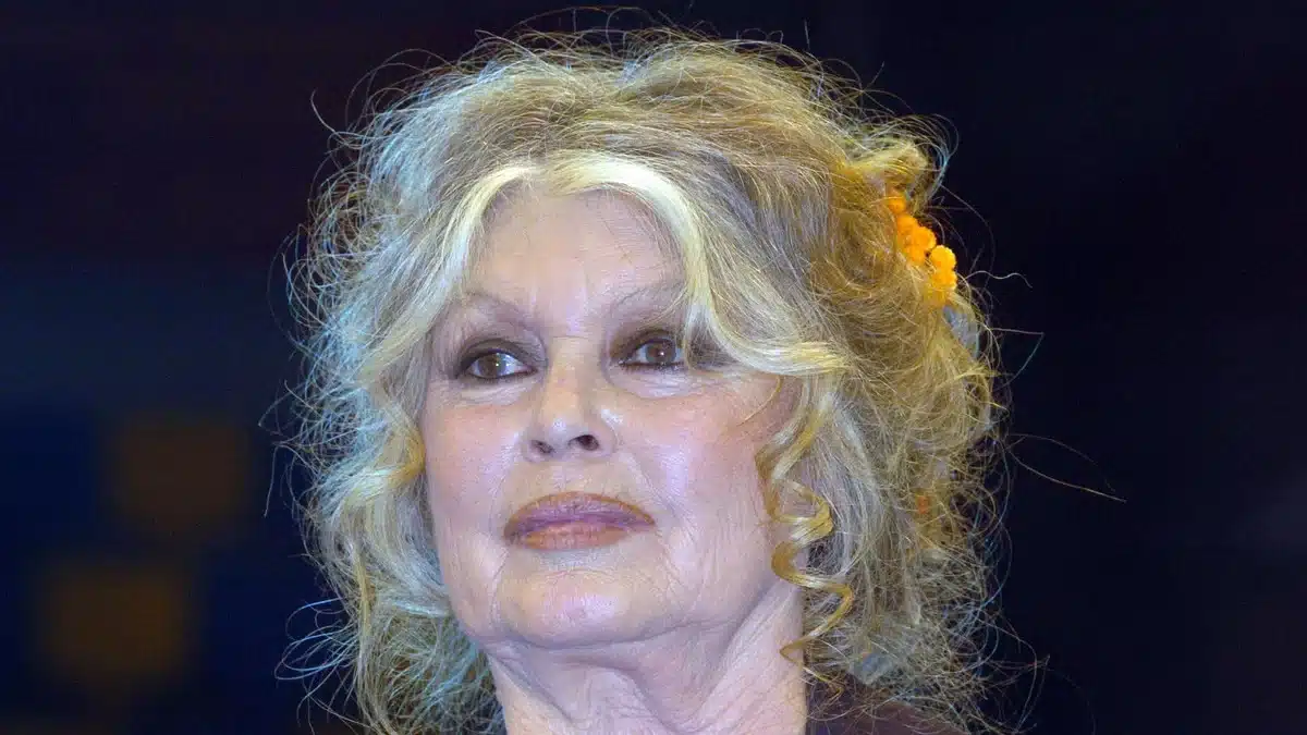 Portrait en gros plan de Brigitte Bardot avec une fleur orange dans les cheveux