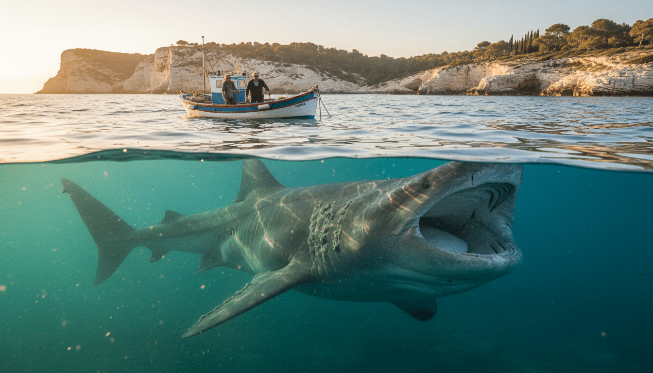Requin-pèlerin observé près d'un bateau en Méditerranée