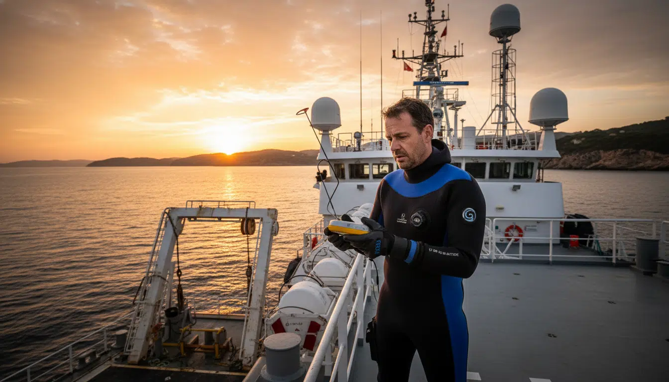 Chercheur préparant une balise satellitaire sur un navire