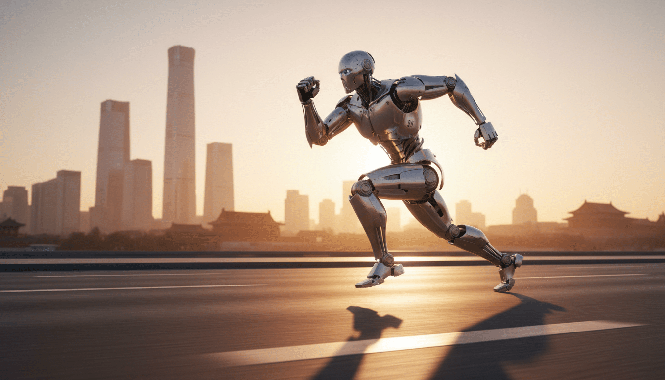 Robot humanoïde courant sur une route de Pékin