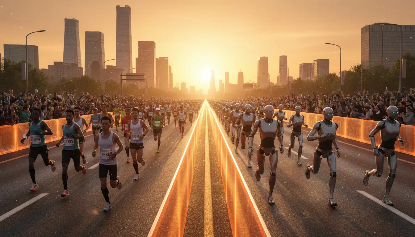 Coureurs humains et robots sur des voies parallèles à Yizhuang