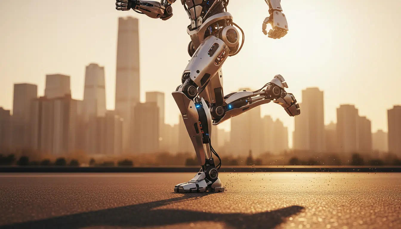 Jambes articulées d'un robot humanoïde en pleine course