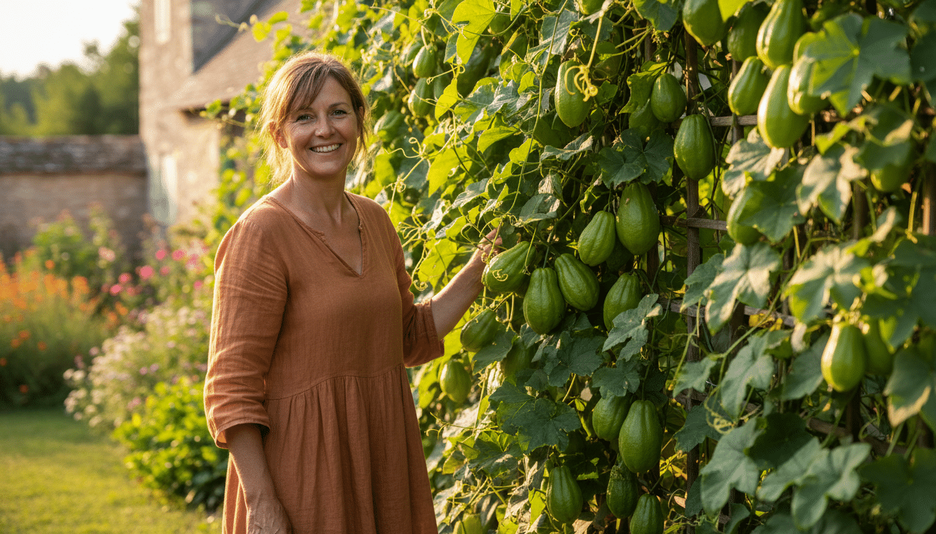 Femme souriante dans son jardin devant une chayote grimpante