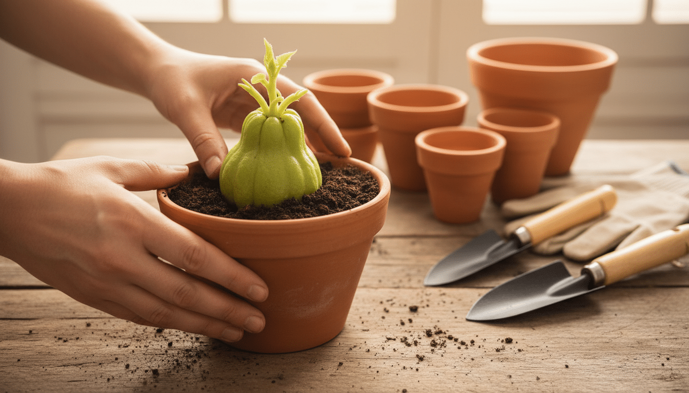 Jardiniер plantant une chayote germée en pot