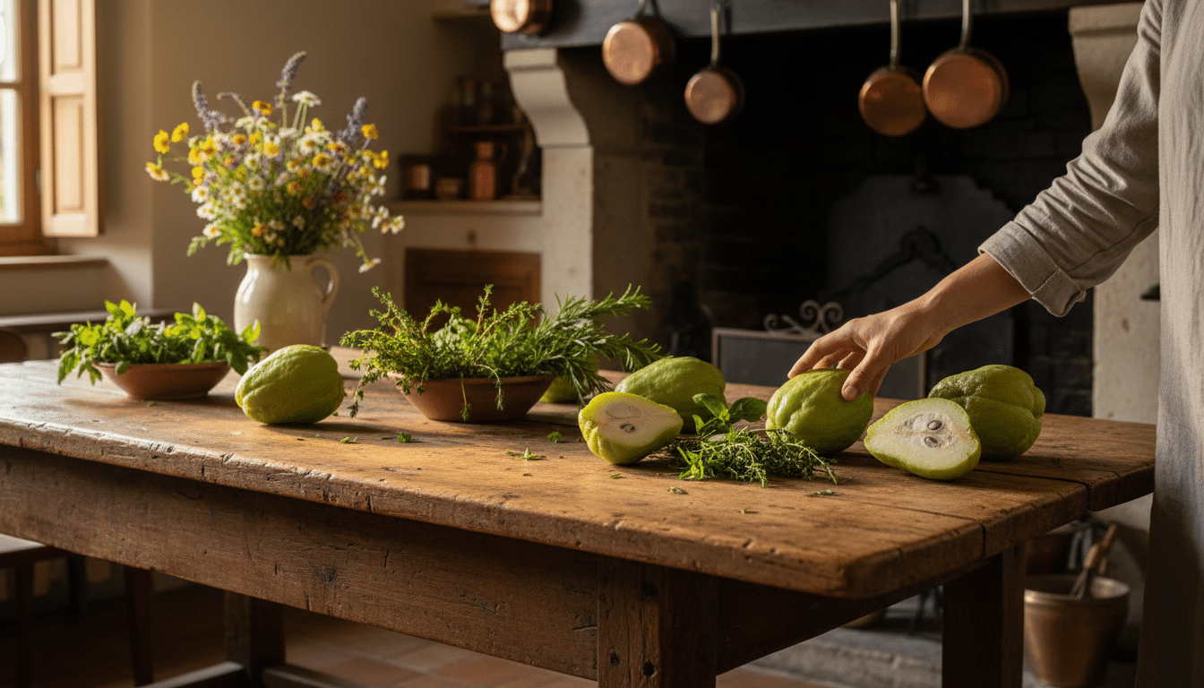 Chayotes fraîches sur table de cuisine rustique