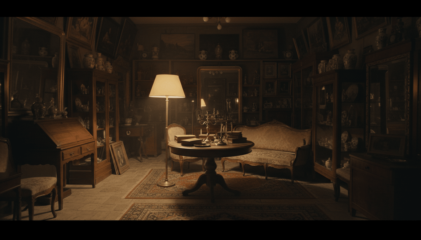 Boutique d'antiquités plongée dans la pénombre, éclairée par une lampe dorée, illustrant l'effraction nocturne de l'épisode