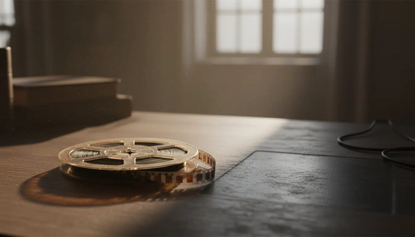 Une bobine de film Super 8 posée sur un bureau à côté d'un espace vide où se trouvait un ordinateur volé