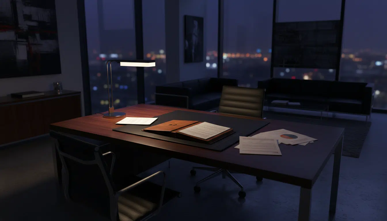 Cabinet d'avocat moderne la nuit avec des documents éparpillés sur un bureau, évoquant la découverte mystérieuse de Yann dans Un si grand soleil