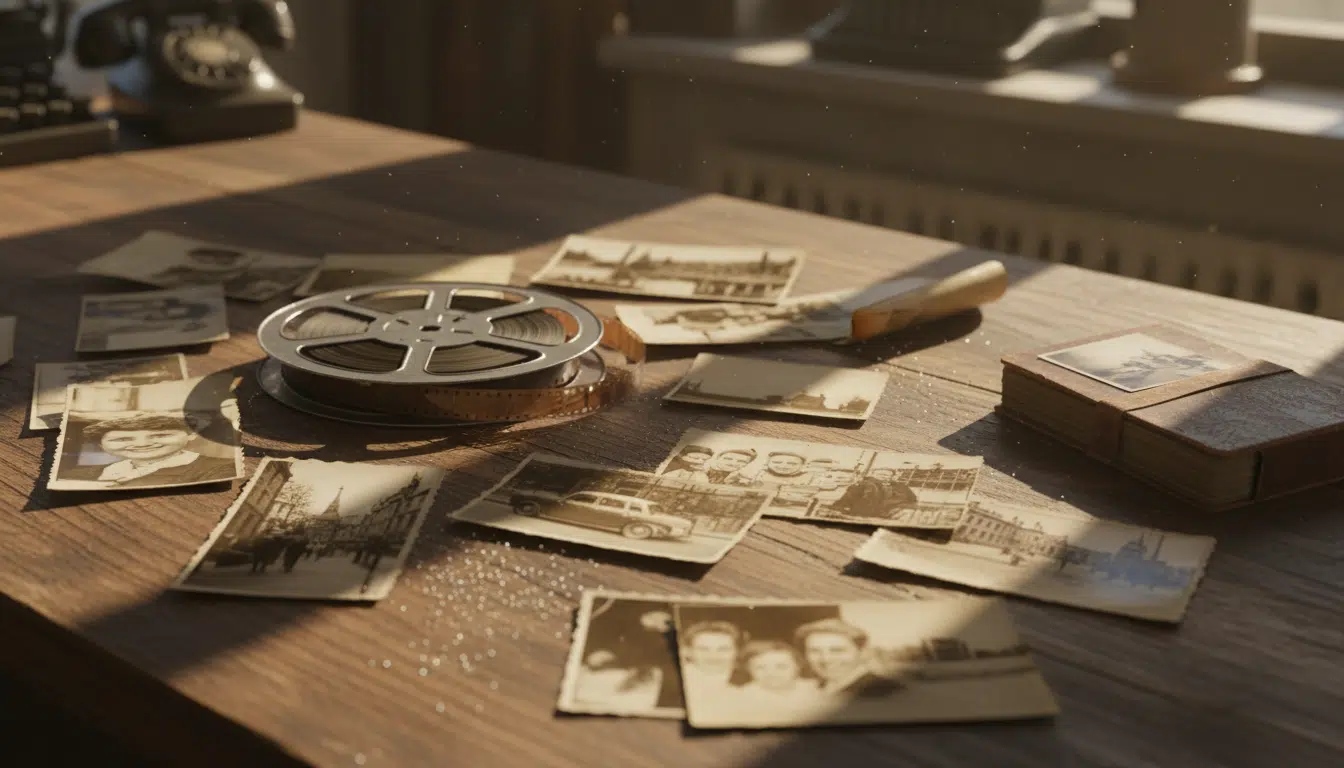 Bobine de film super 8 et vieilles photographies éparpillées sur une table en bois, ambiance nostalgique