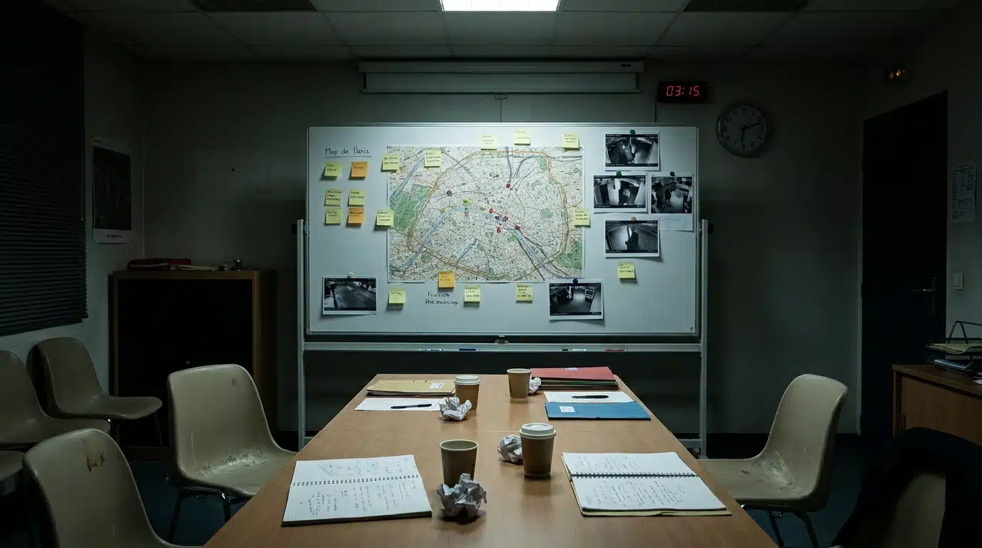 Salle d'enquête du commissariat de Montpellier où les détectives traquent la femme au manteau rouge