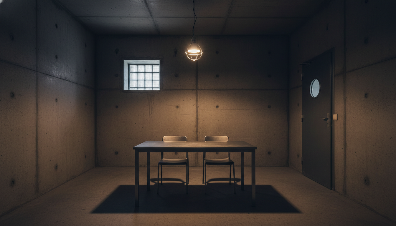 Salle d'interrogatoire vide dans un commissariat français évoquant la garde à vue de Nathalie