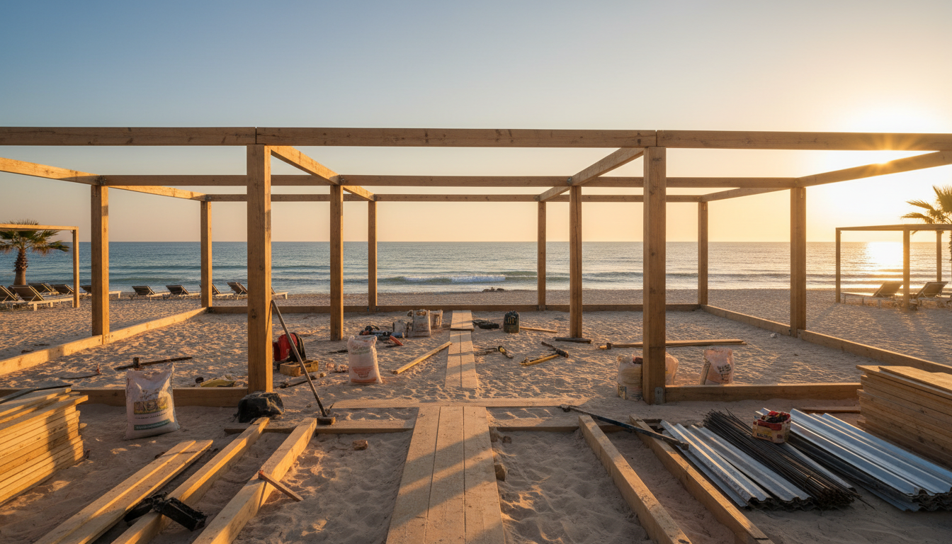 La paillote de Gary en construction, projet financé grâce au prêt obtenu