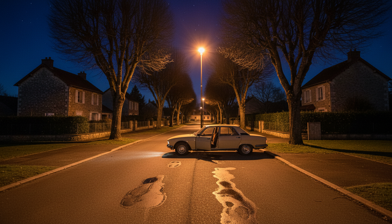 Une rue résidentielle de nuit avec une voiture garée sous un lampadaire, ambiance fait divers dans Un si grand soleil