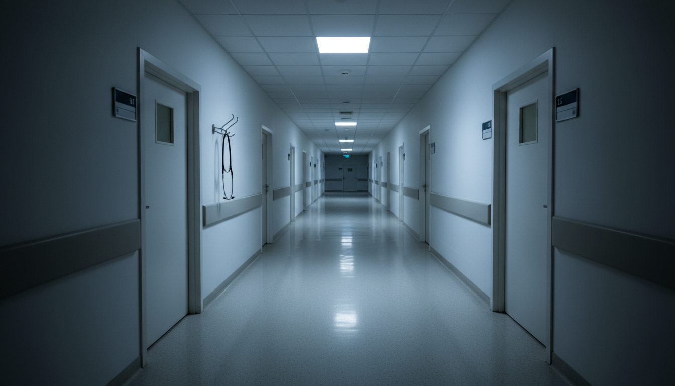 Couloir d'hôpital vide la nuit, ambiance tendue illustrant la pression à l'hôpital dans la série Un si grand soleil