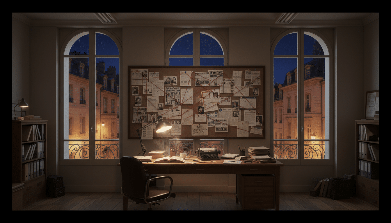 Tableau d'enquête dans un commissariat français avec des photos et des fils rouges