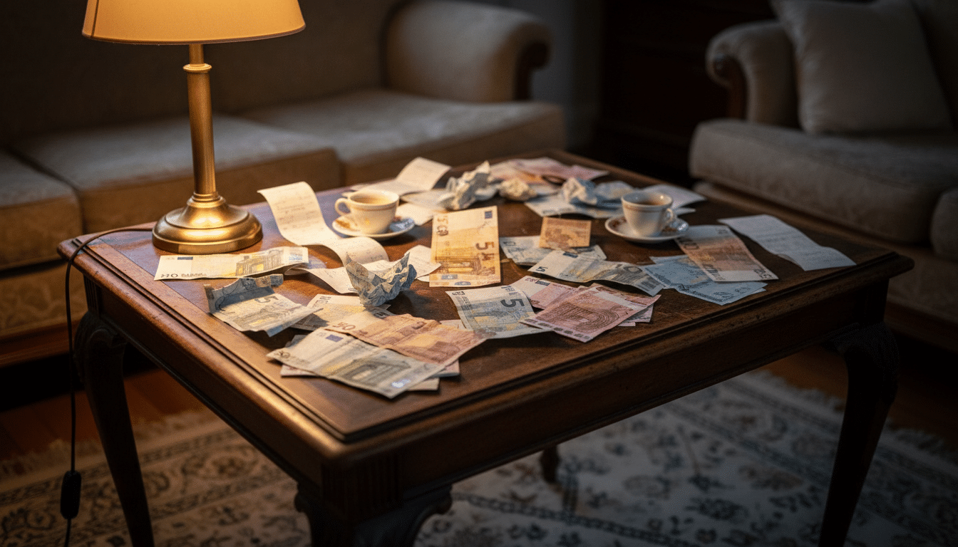 Des billets d'euros posés sur une table de salon, illustrant le remboursement de dettes de Dimitri envers Claudine