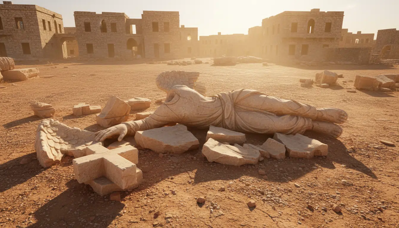 Statue religieuse détruite au sol dans un village libanais