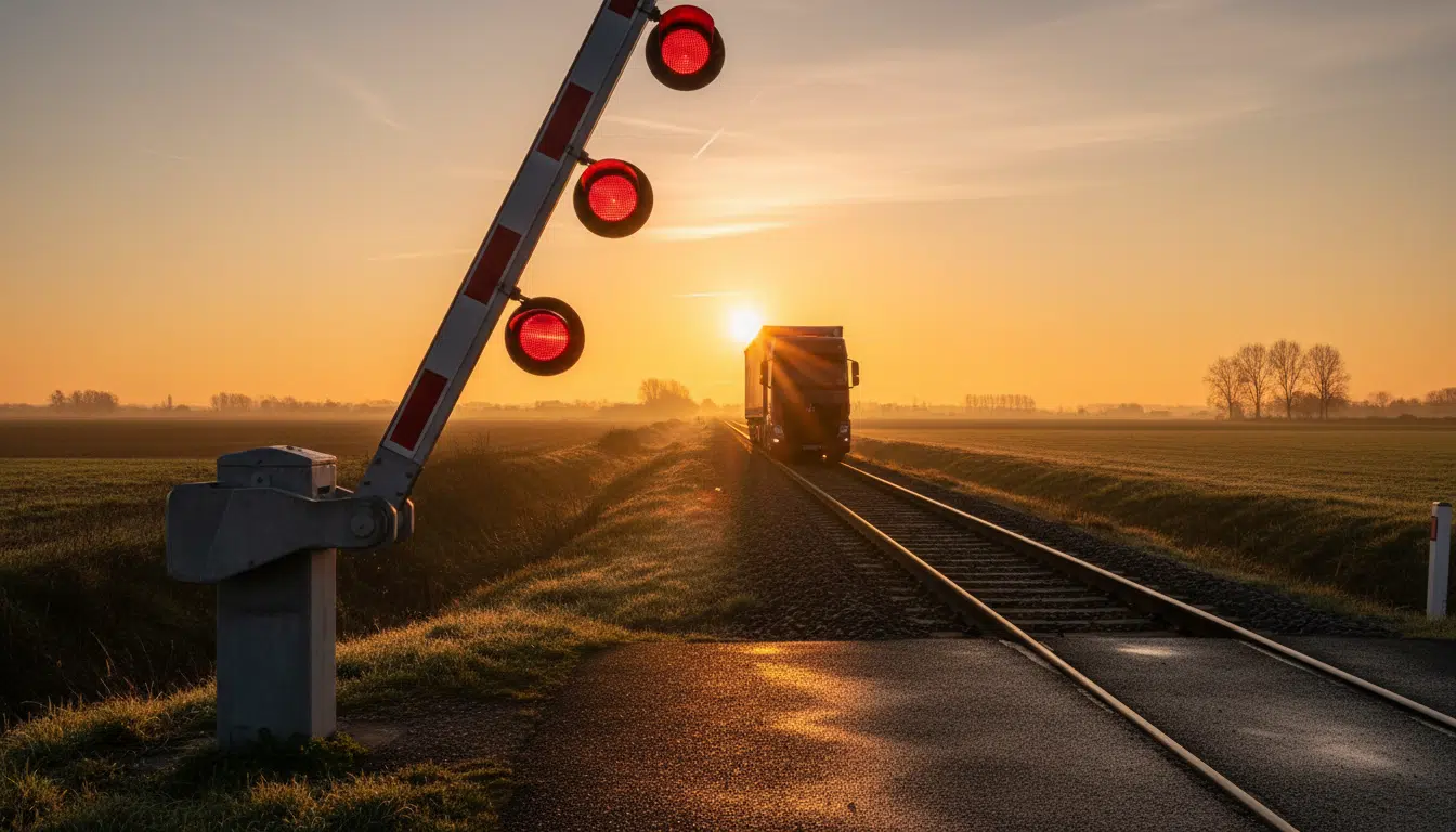 Passage à niveau avec barrière et feux de signalisation dans le Pas-de-Calais