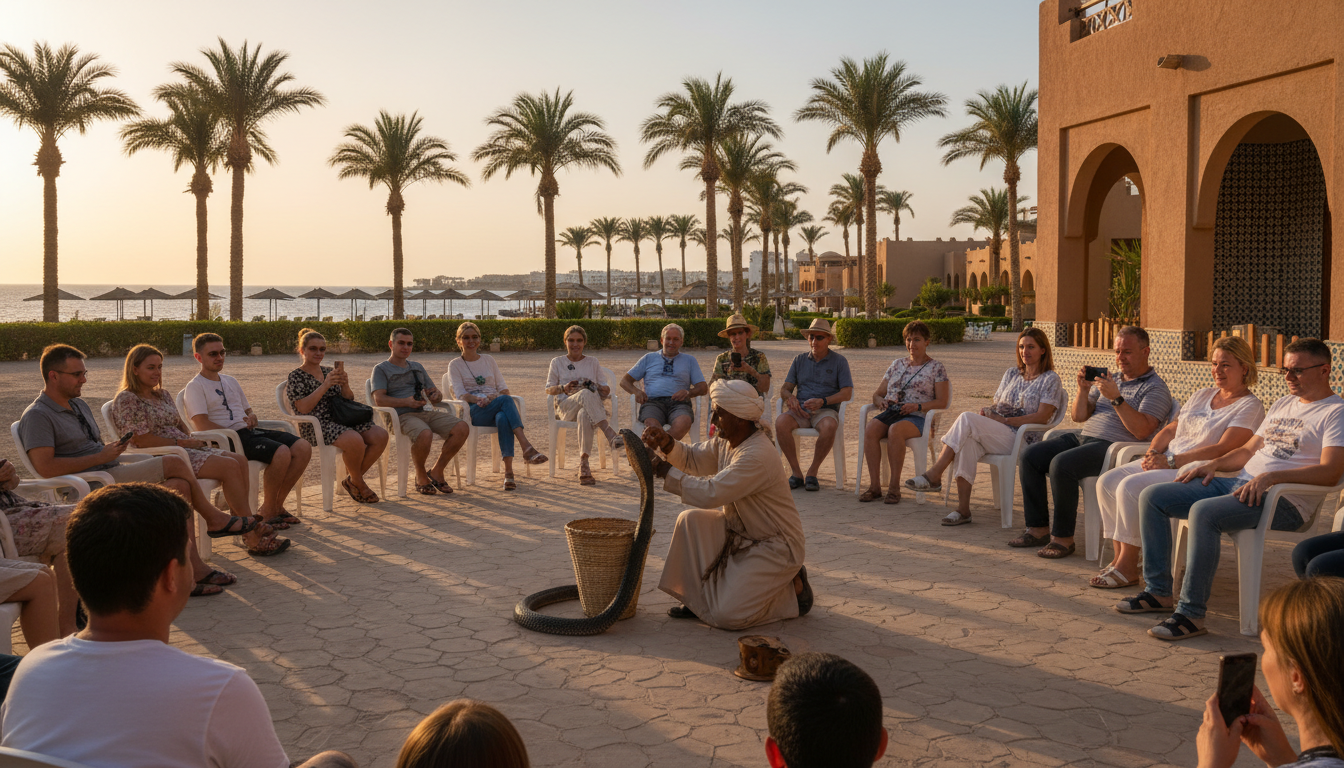Charmeur de serpents lors d'un spectacle dans un hôtel à Hurghada