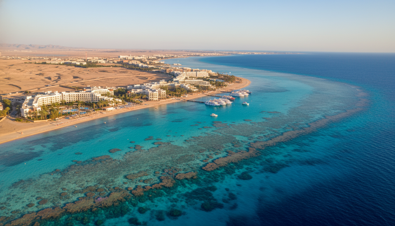 Vue aérienne de la côte d'Hurghada et de la mer Rouge