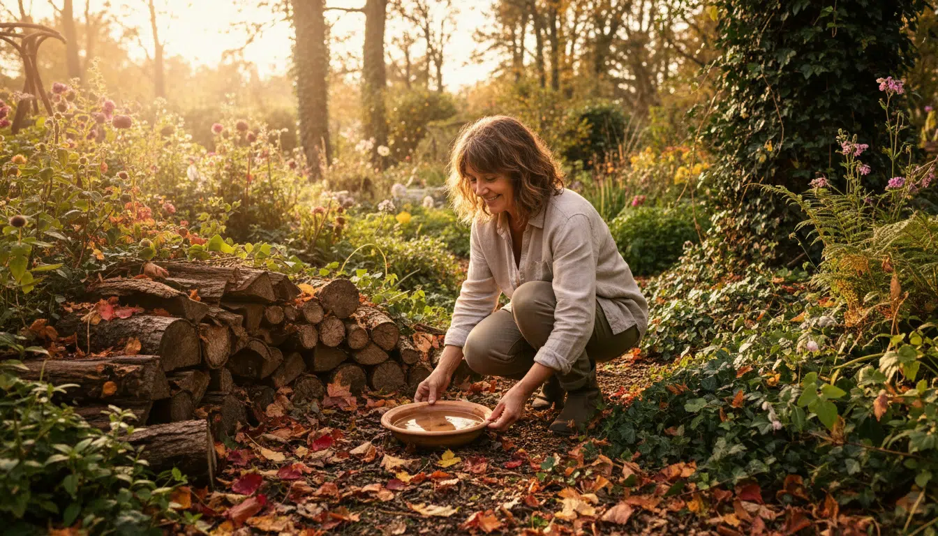 Femme plaçant une soucoupe d'eau près d'un tas de bois au jardin