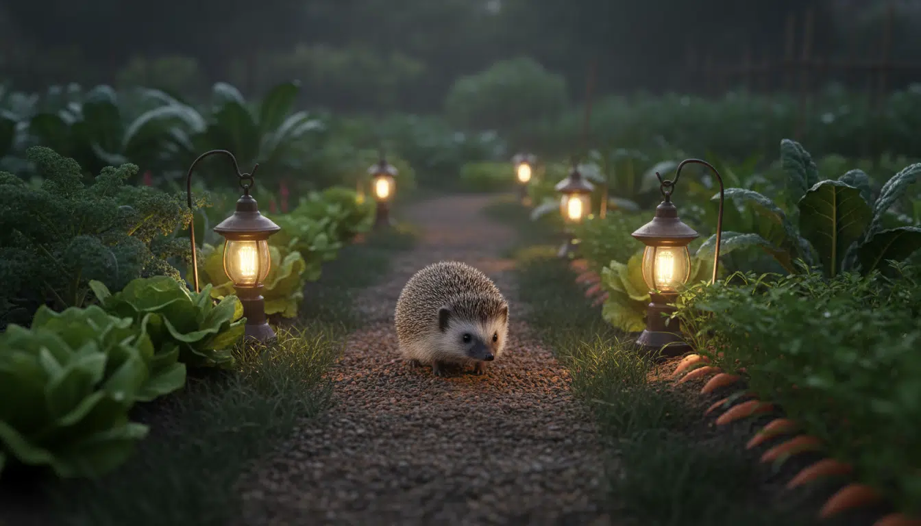 Hérisson marchant dans un potager la nuit