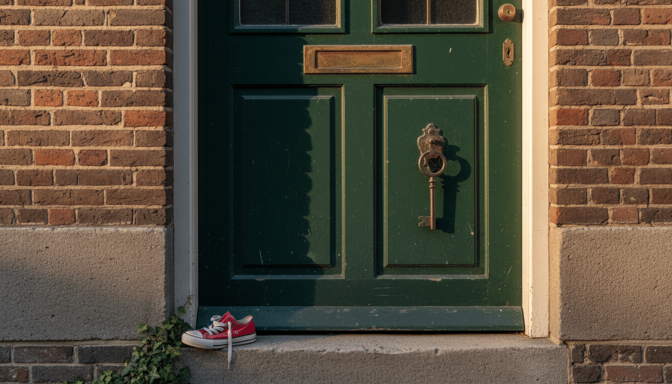 Porte verrouillée d'une maison avec chaussure d'enfant sur le seuil