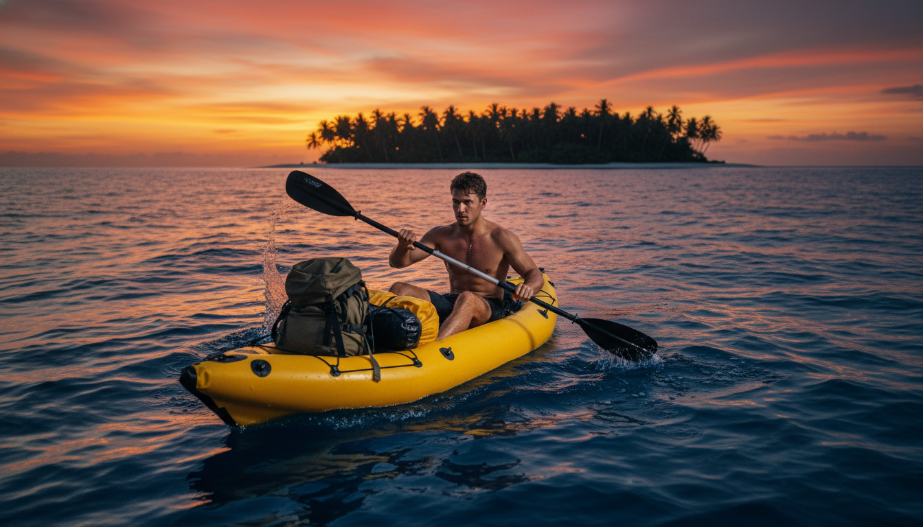 Un homme pagaie seul en kayak gonflable vers une île tropicale