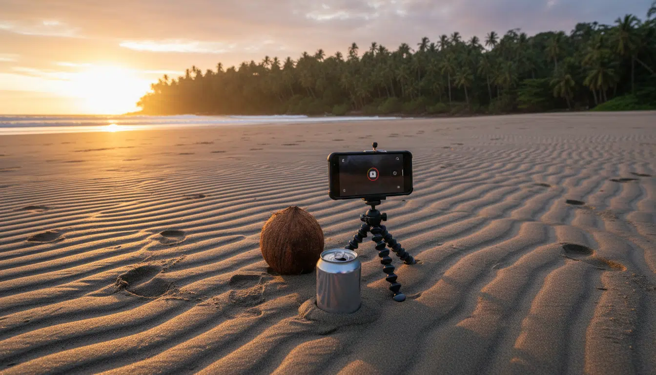 Caméra filmant une noix de coco et une canette sur une plage isolée