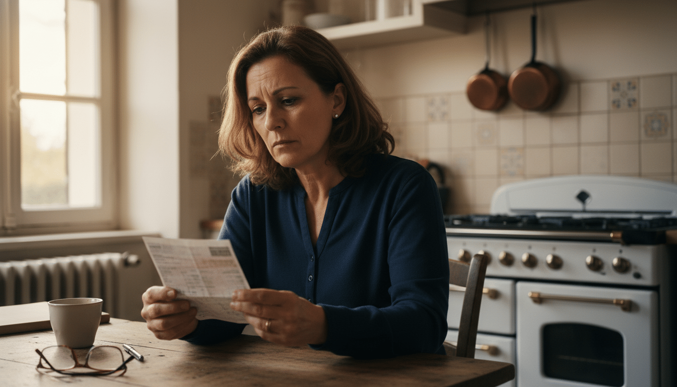 Femme inquiète lisant sa facture de gaz dans sa cuisine