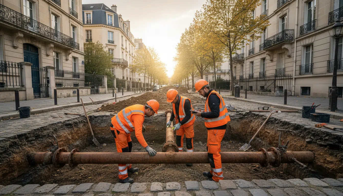 Ouvriers inspectant des canalisations de gaz souterraines en ville