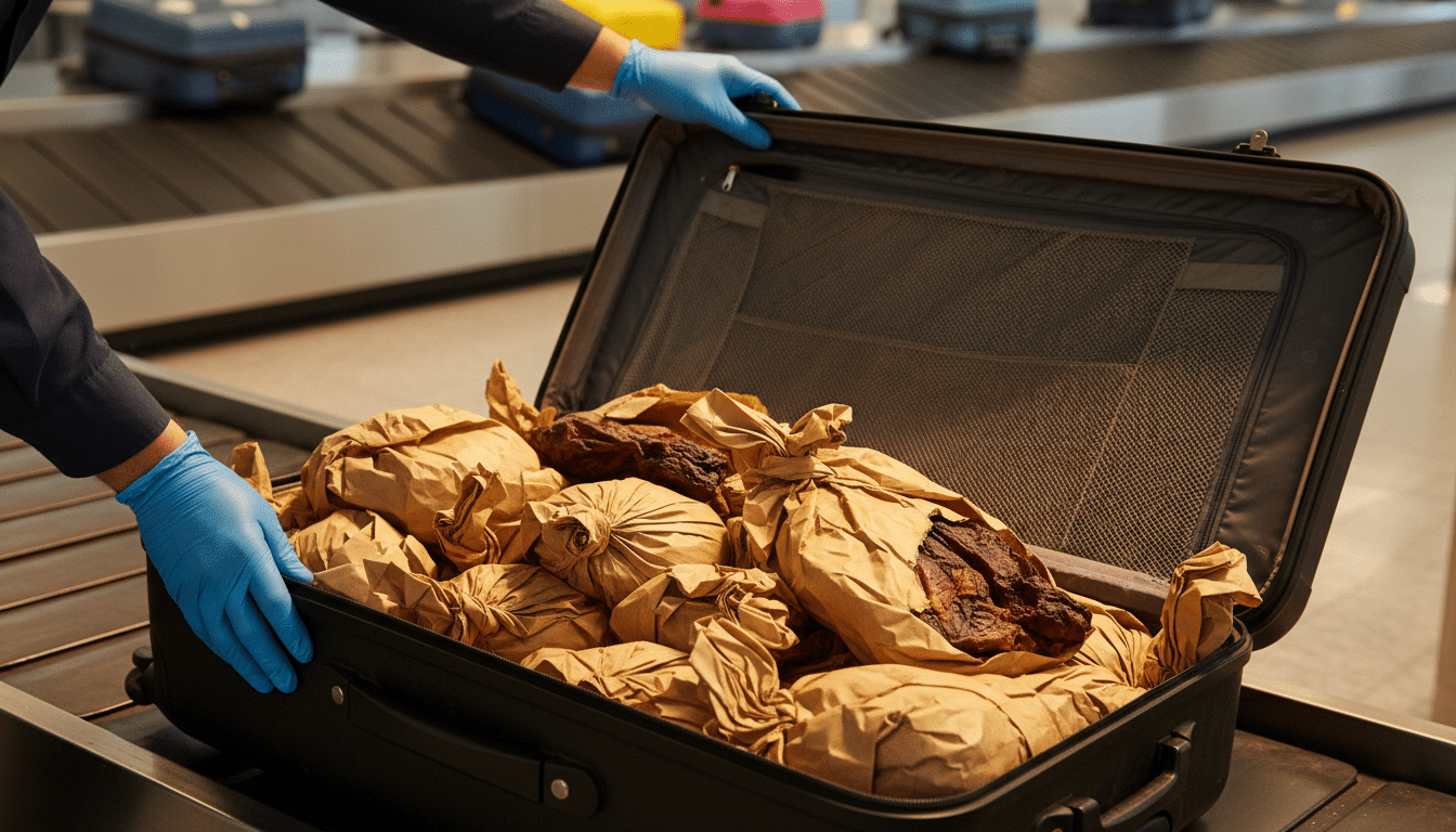 Agent des douanes inspectant une valise contenant de la viande interdite