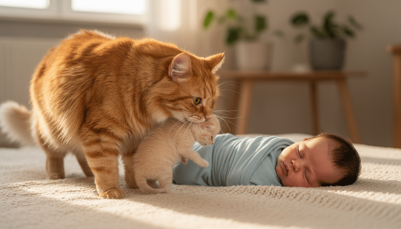 Chatte portant son chaton vers un bébé endormi