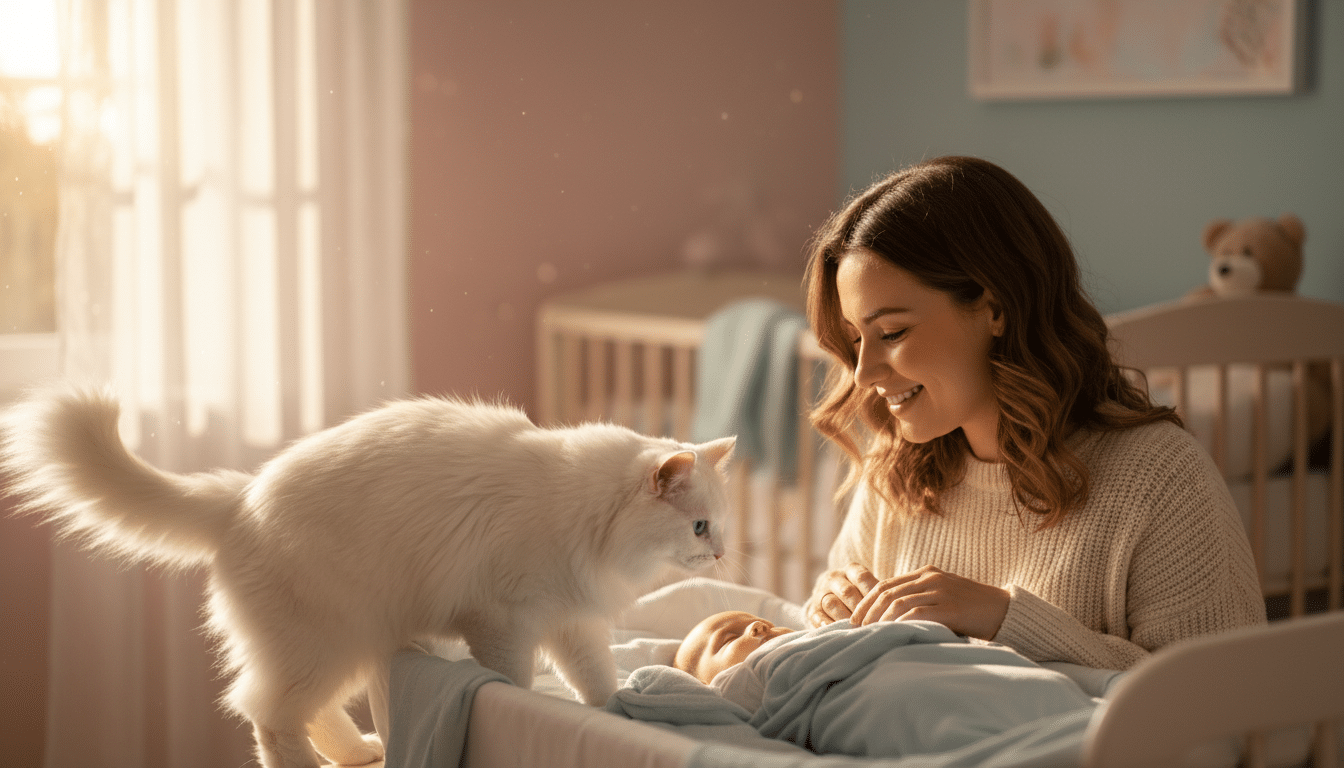 Mère souriante regardant son chat approcher son nourrisson