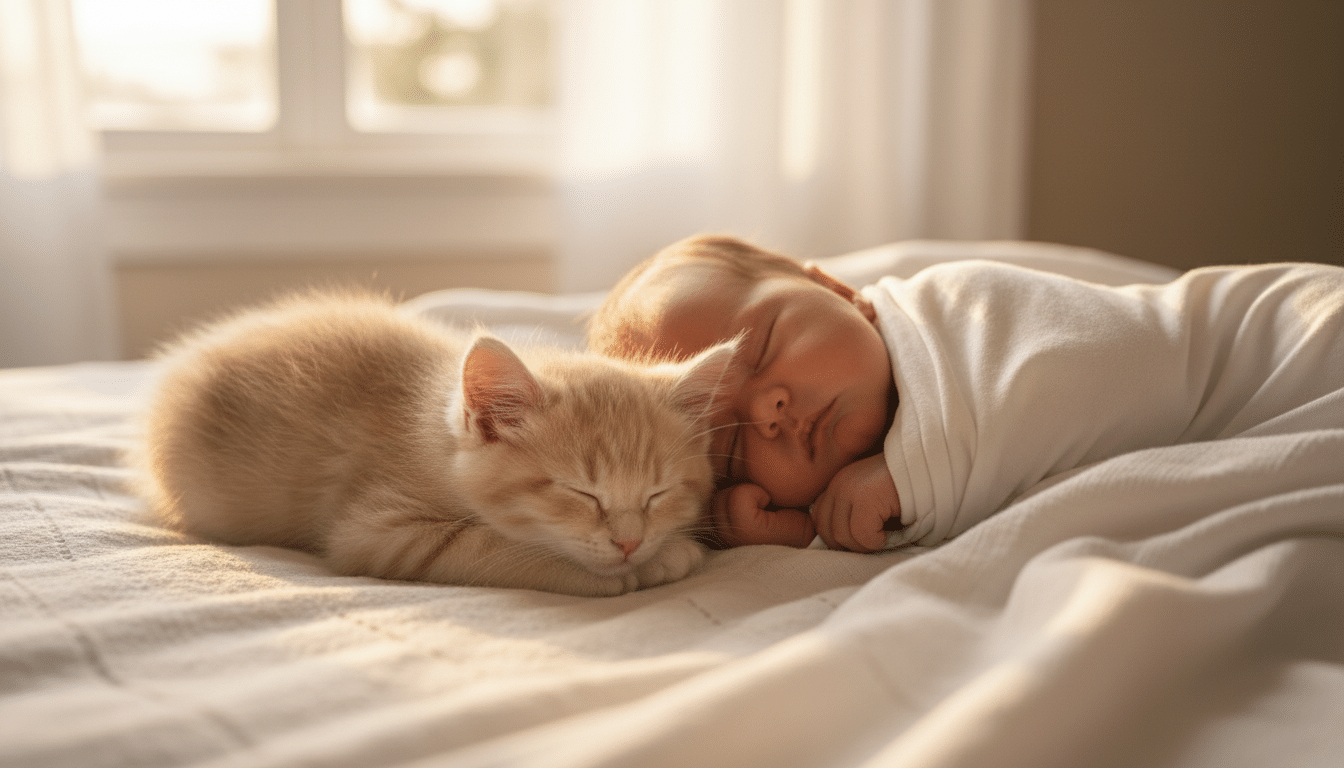 Chaton et bébé allongés côte à côte sur un drap blanc
