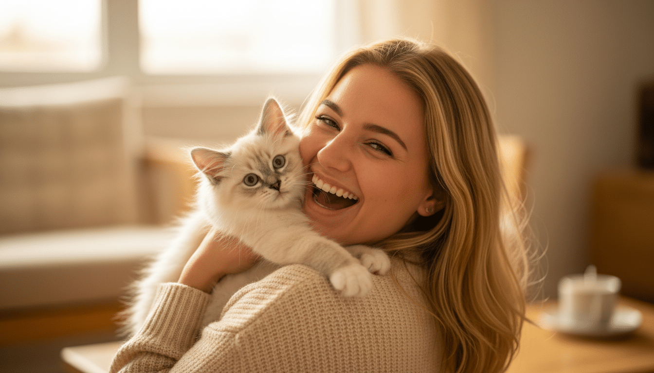 Femme riant en tenant un chaton Ragdoll dans les bras