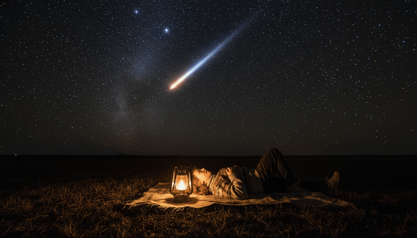 Personne allongée observant une étoile filante dans le ciel nocturne
